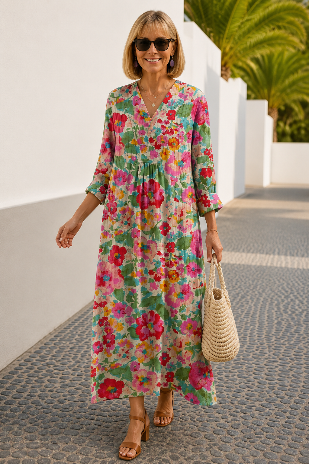 Elsie midi dress in multicoloured floral print, full-length front view outdoors