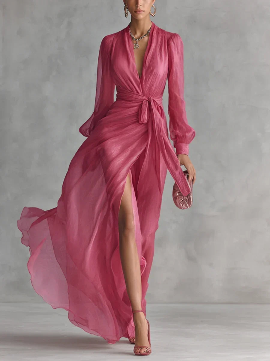 Gloria maxi dress in rose pink, full-length front view with tie waist