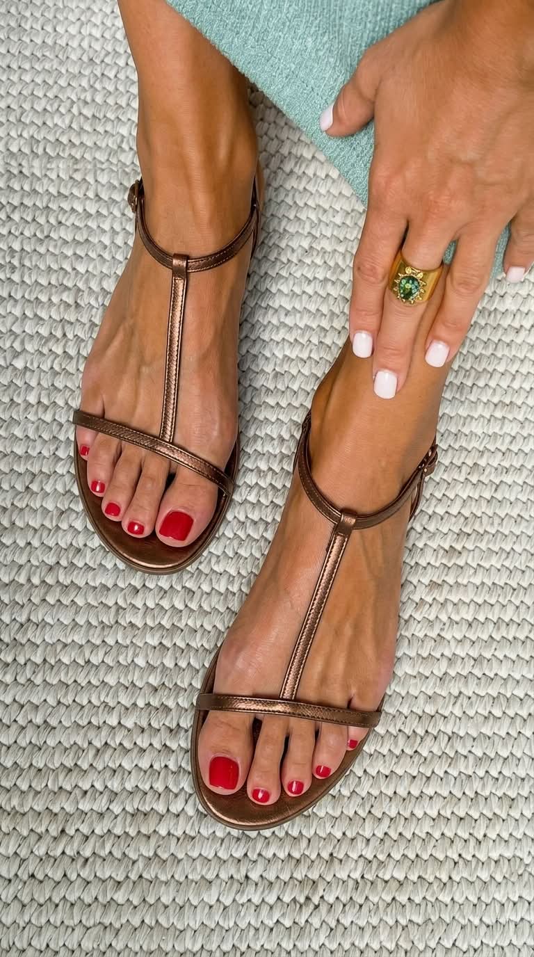 Elara flat T-bar sandals in bronze, worn top view