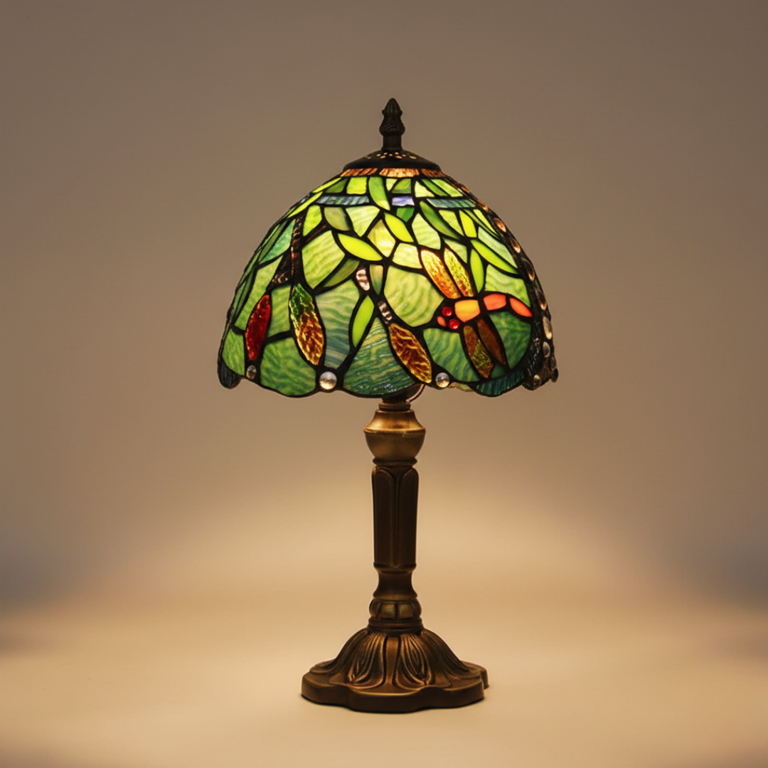 Dragonfly Branch stained-glass table lamp in green with bronze base, front view