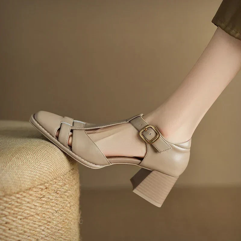 Belliora square toe sandals in beige, close-up side view with gold buckle