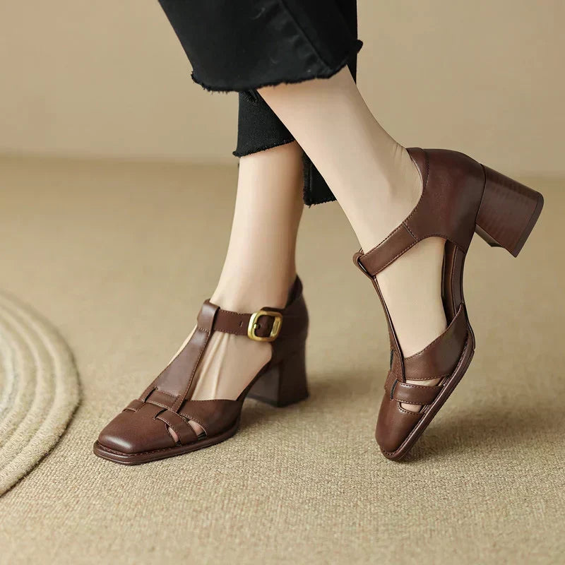 Belliora square toe sandals in brown, worn front view