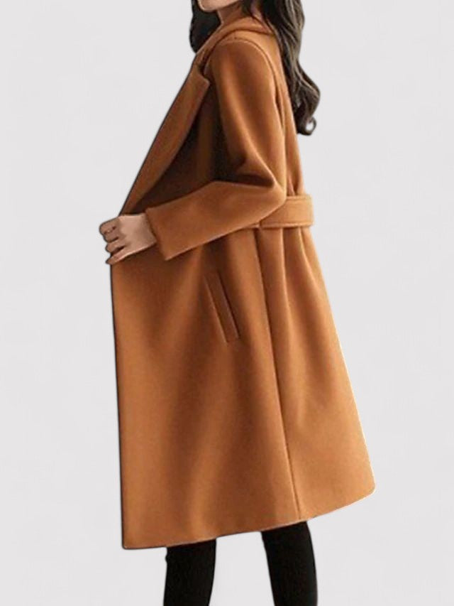 Noelle belted coat in brown, side view