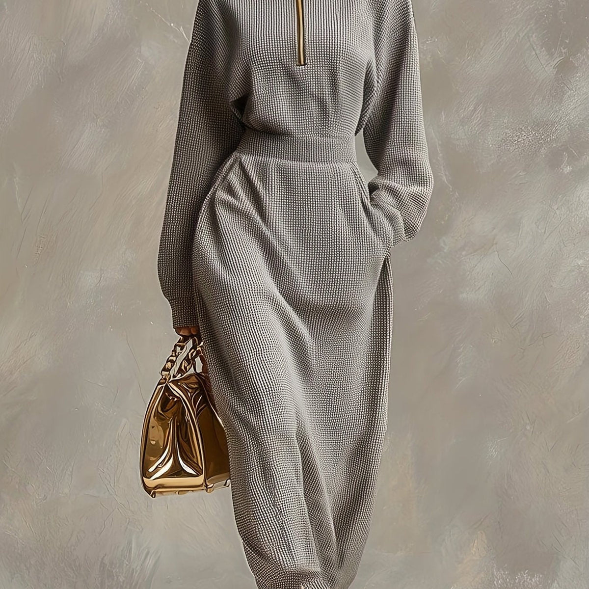 Stella Ertois maxi dress in grey, detail of cinched waist and sleeves