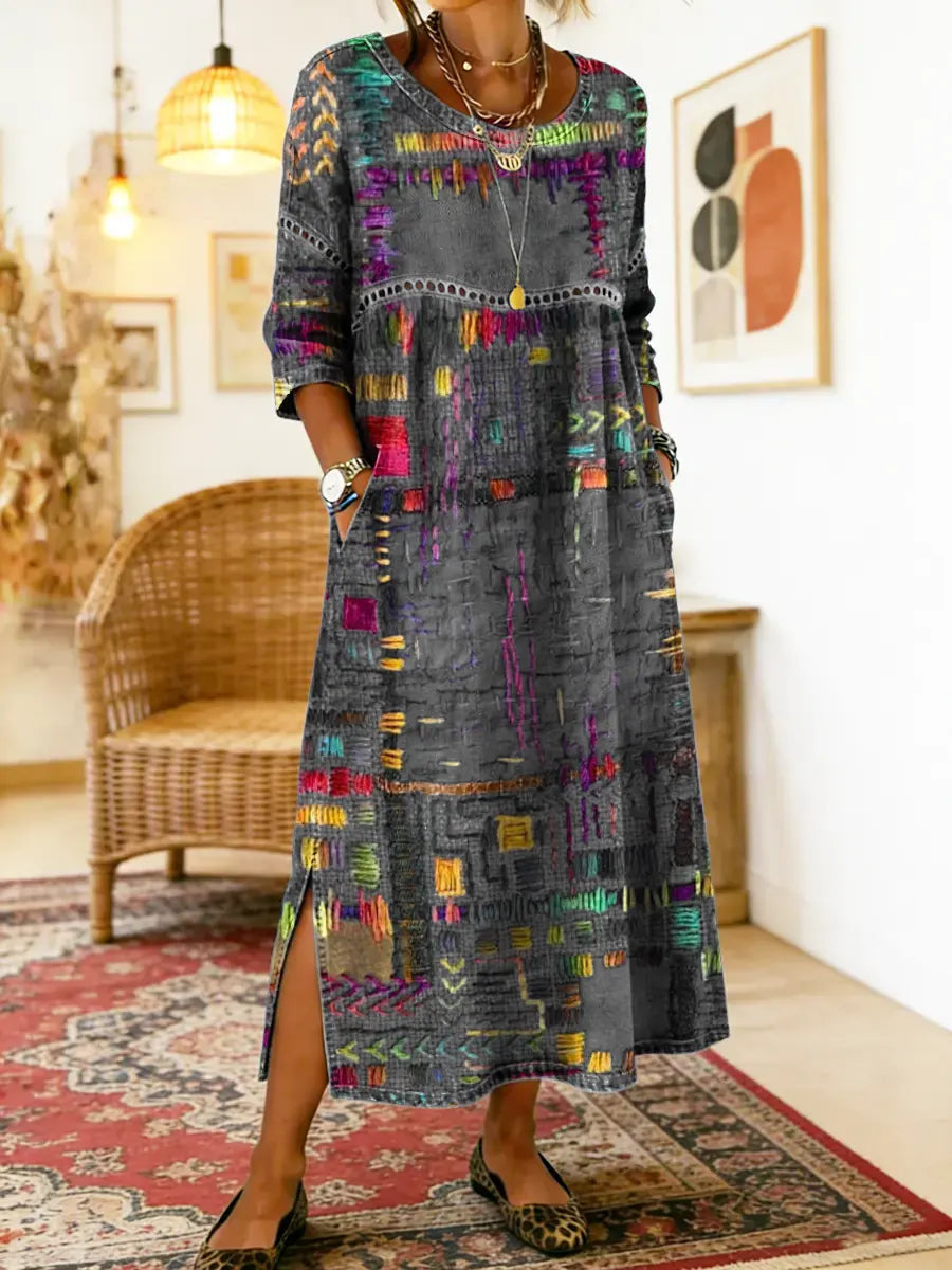 Sabine bohemian print maxi dress in grey, full-length front view