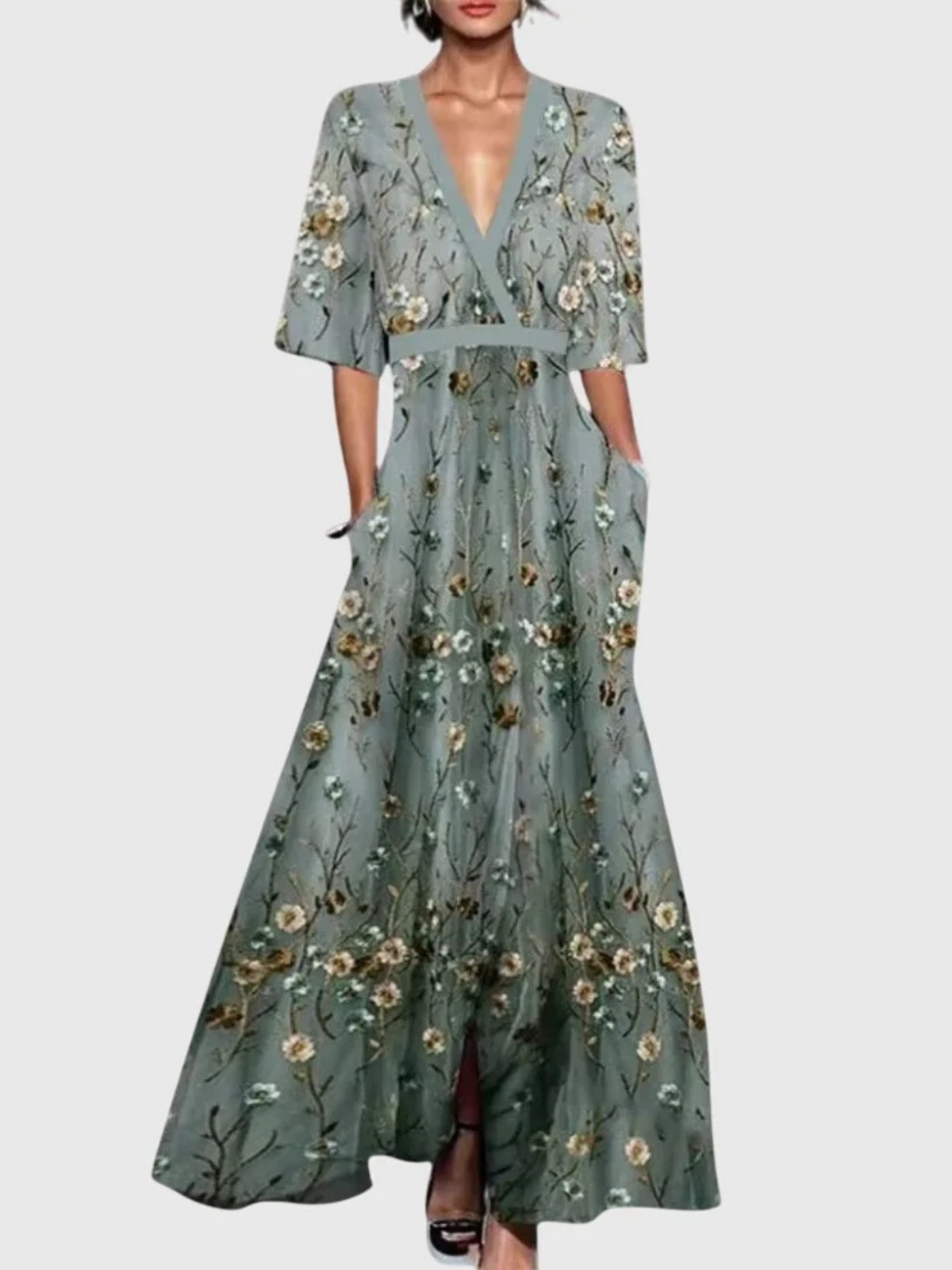 Candice maxi dress in green floral design, full-length front view