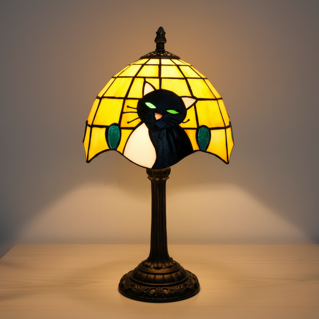 Green Eyes stained-glass cat lamp with yellow dome shade, front view