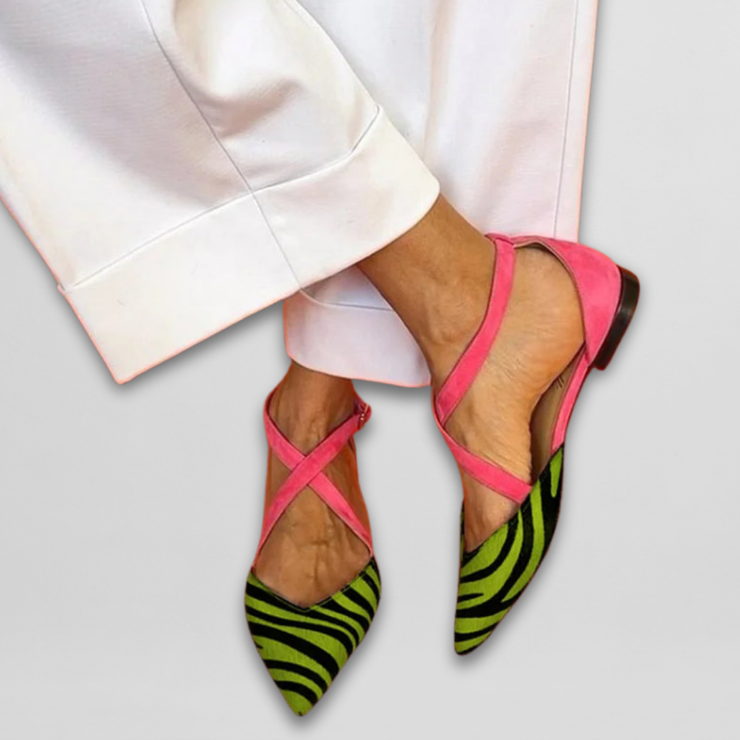 Amelia strappy ballet pumps in green stripe with pink straps, front view
