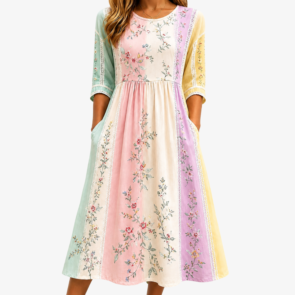 Pastel garden panel midi dress with floral print and side pockets, front view