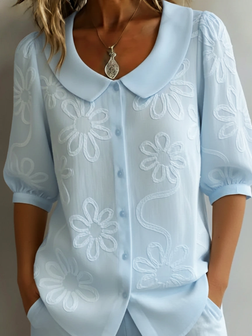 Aurélie lightweight floral blouse in light blue, front view