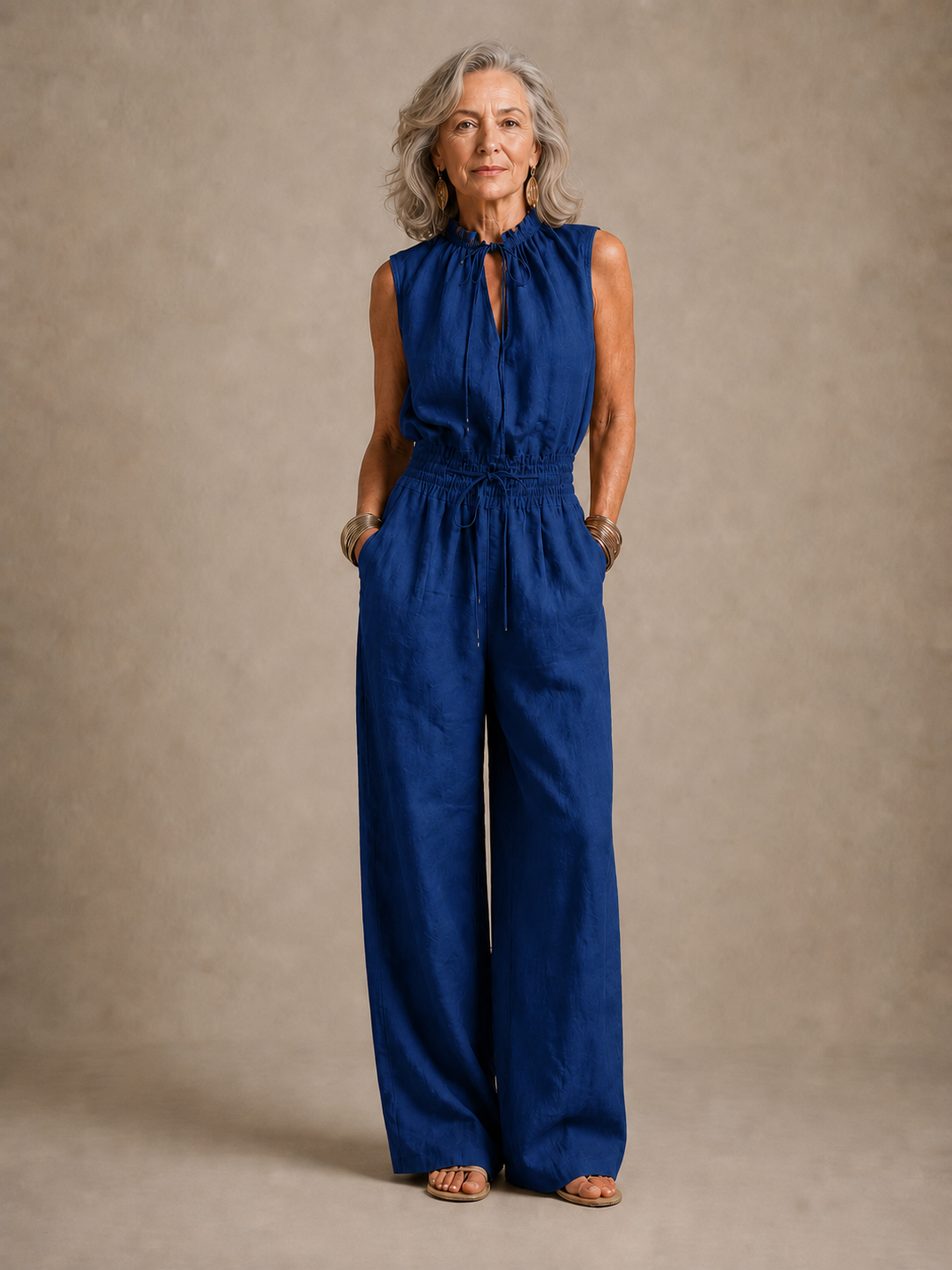 Zenaide wide-leg jumpsuit in navy blue, full-length front view