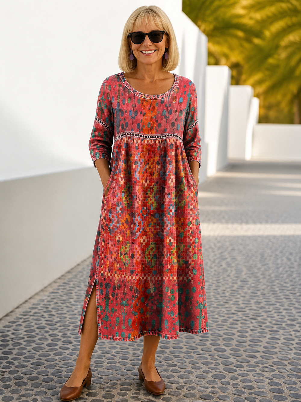 Gracie printed midi dress in red mosaic print, full-length front view