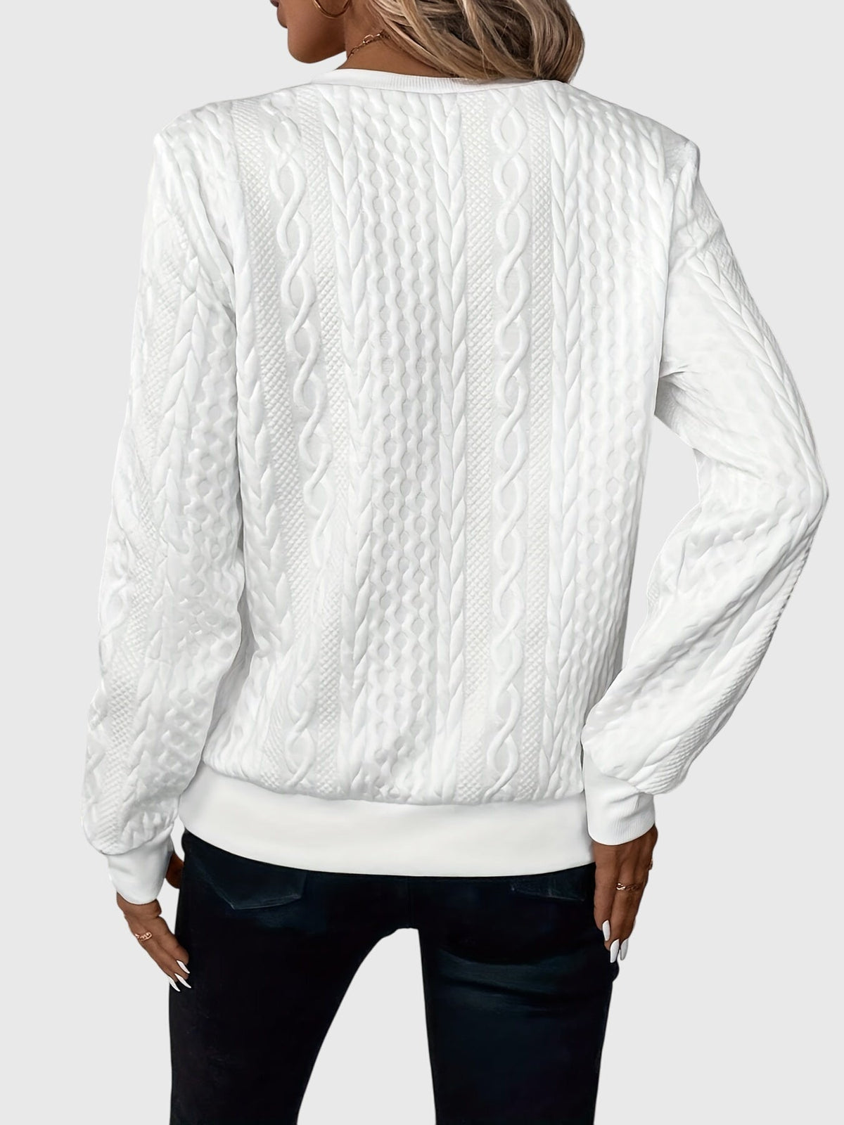 Nora textured zip sweater in white, back view showing cable-effect knit