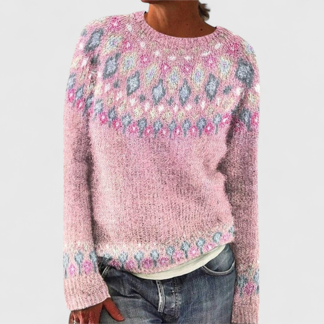 Susan retro Scandinavian knitted sweater in pink, front view with Nordic patterned yoke
