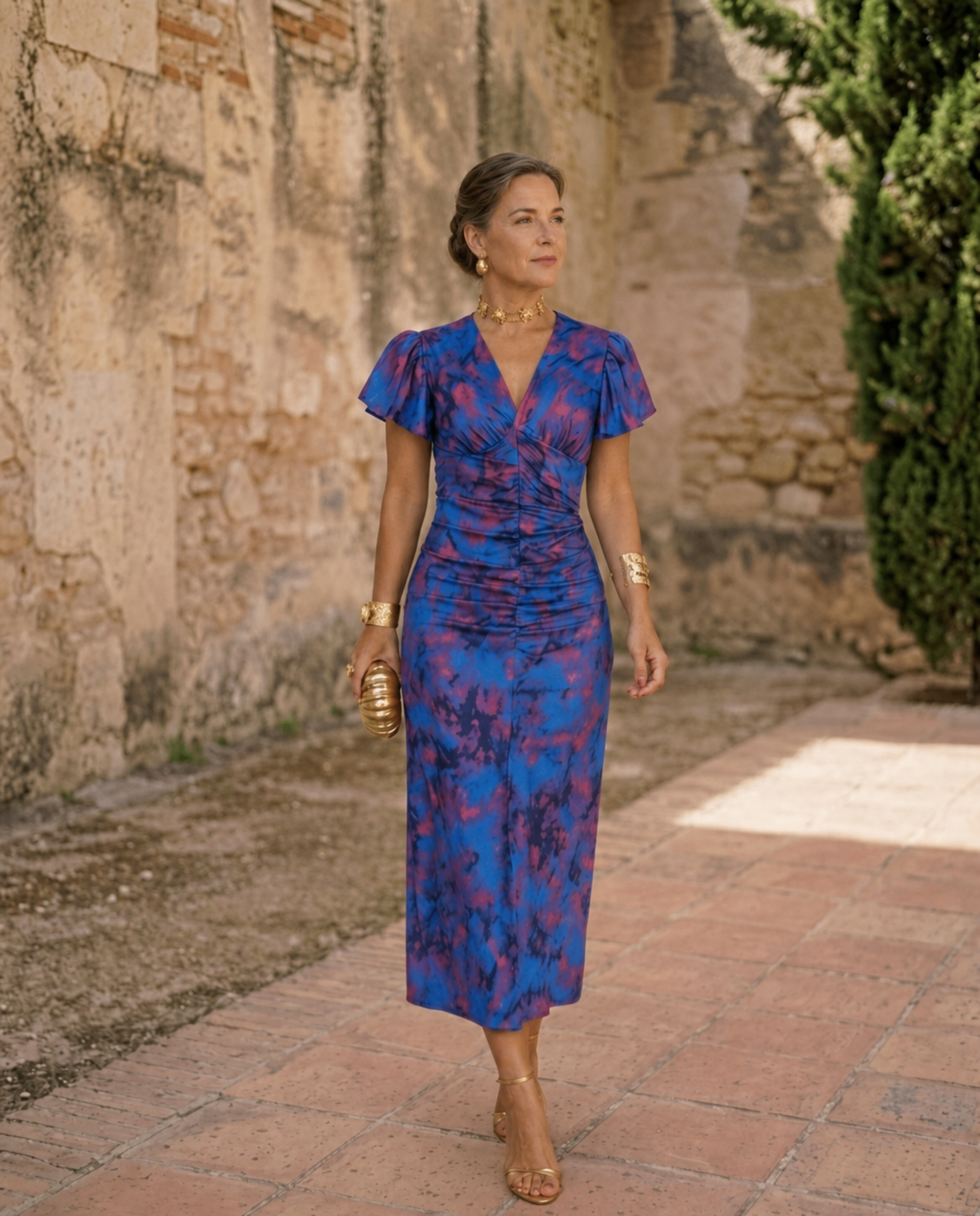 Wanda puff sleeve midi dress in blue and purple floral print, full-length front view