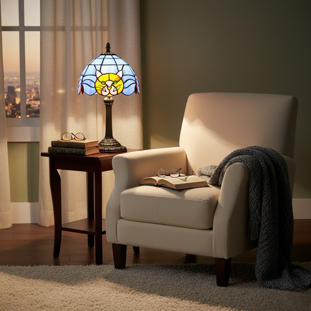 Blue cat stained-glass lamp lit on a side table beside a cream armchair