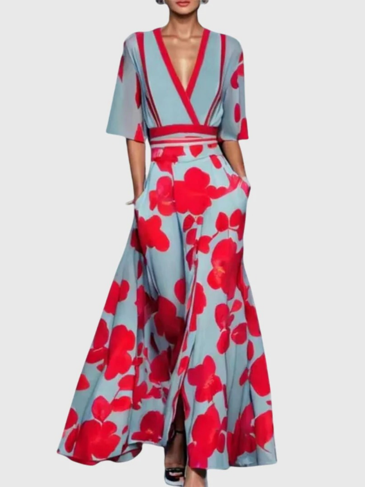 Candice maxi dress in red floral print, showing deep V neckline and side pockets