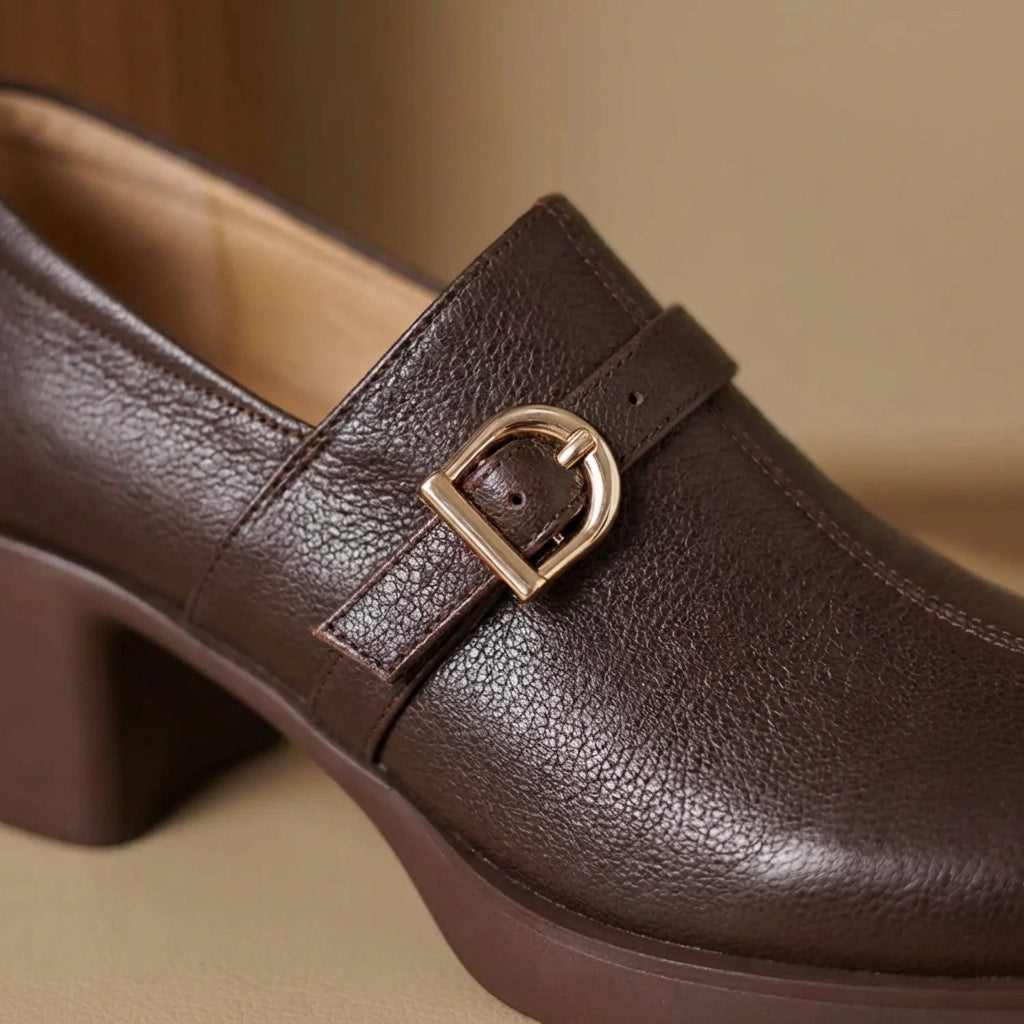 Celine block heels in brown, close-up of brass-tone buckle