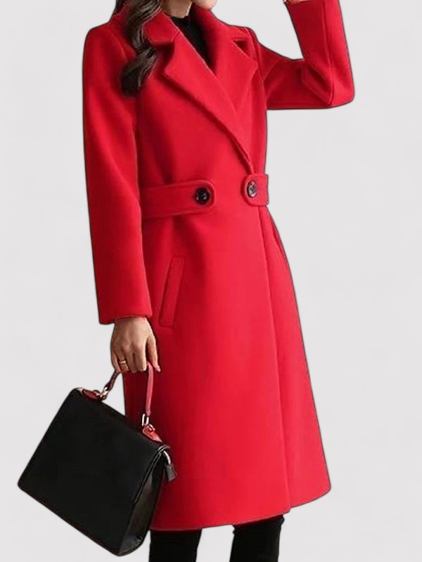 Noelle belted coat in red, front view with lapels