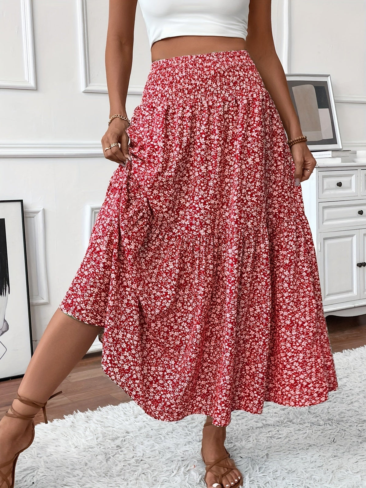 Tahlia tiered floral maxi skirt in red, full-length front view