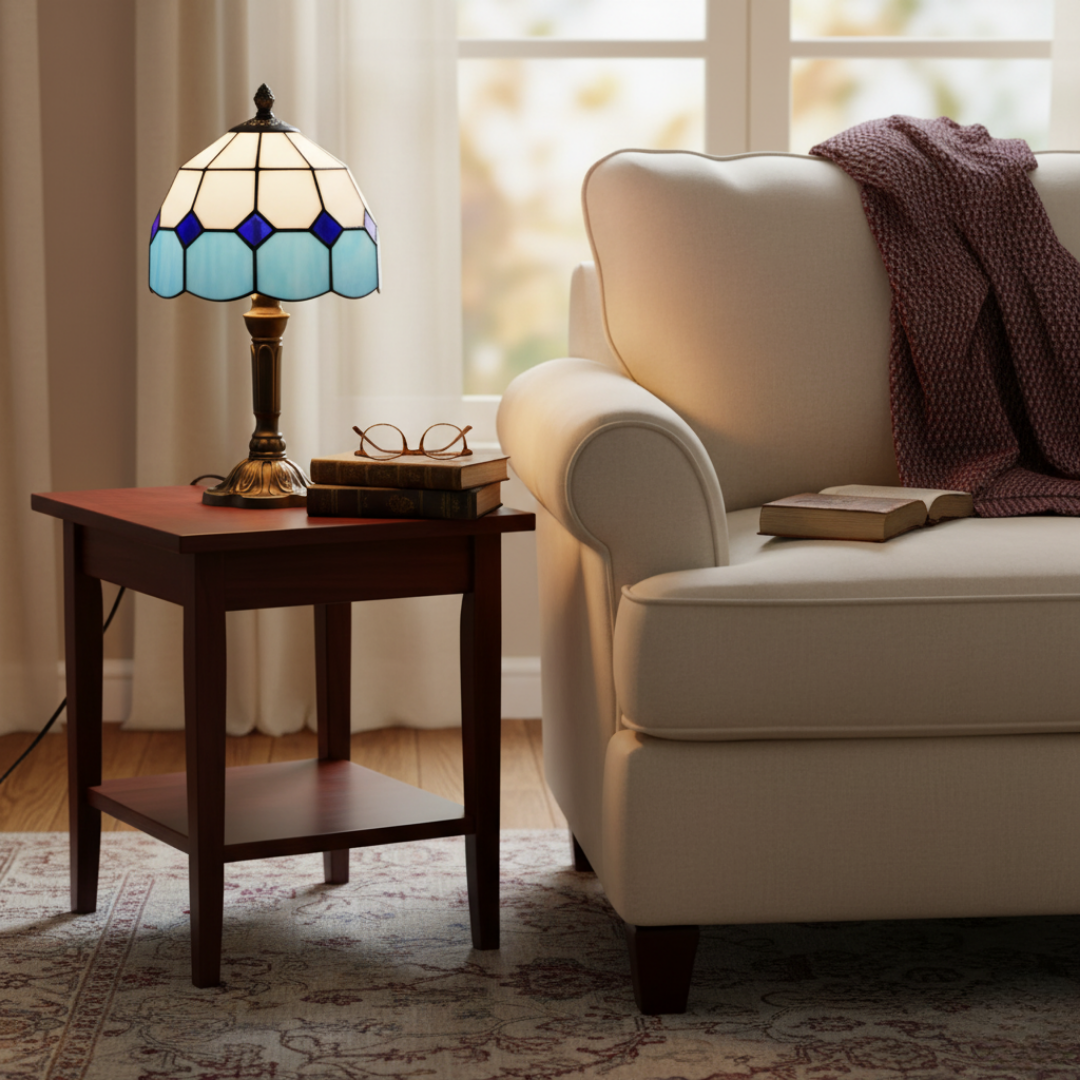 Cloudy Thoughts lamp on a side table beside a cream armchair
