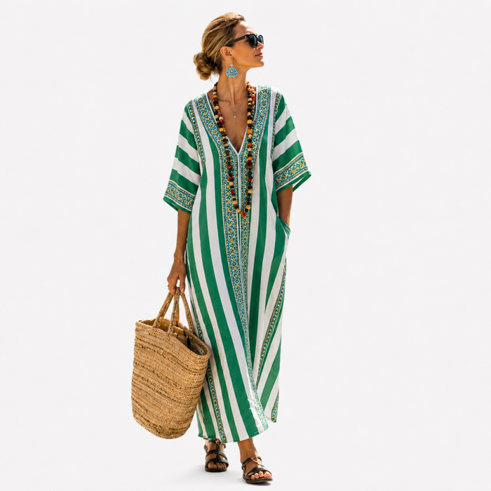 Long green and white striped kaftan with V-neckline, full-length front view
