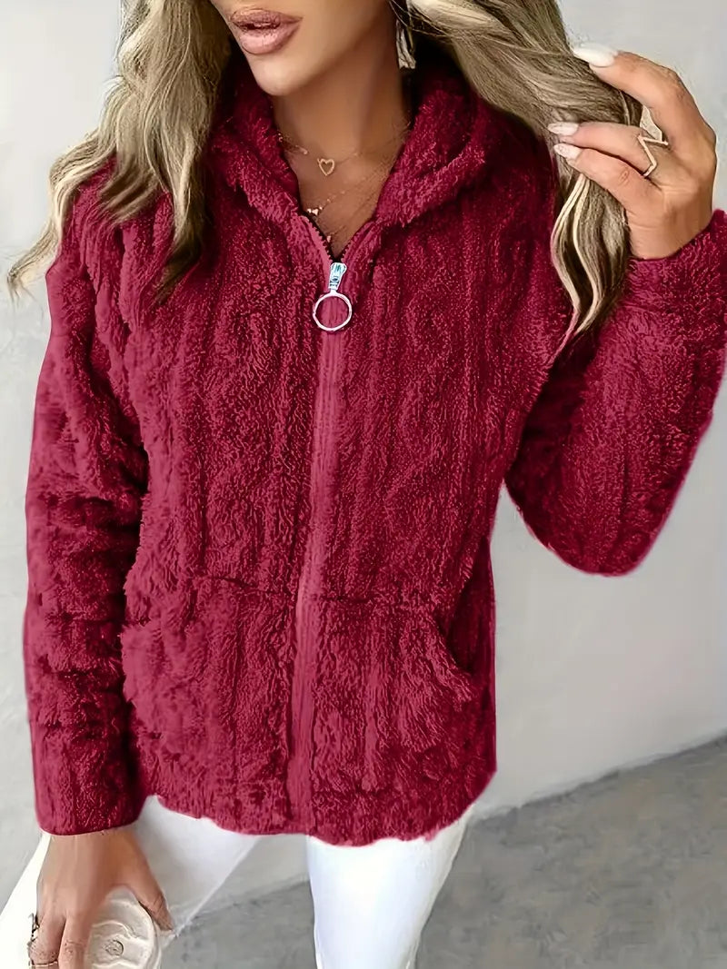 Ruth classic zip-up hoodie in red, front view on model