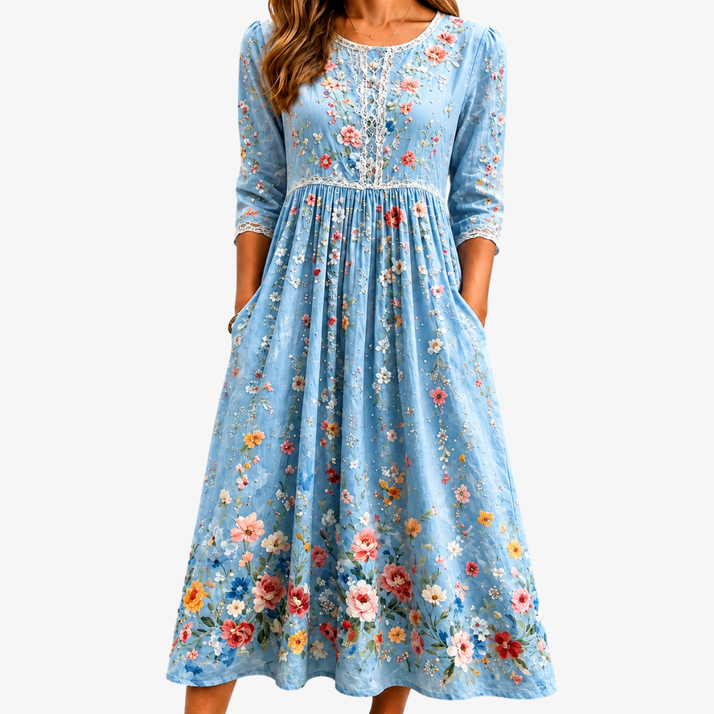 Sky Blossom Garden midi dress in blue floral print, full-length front view