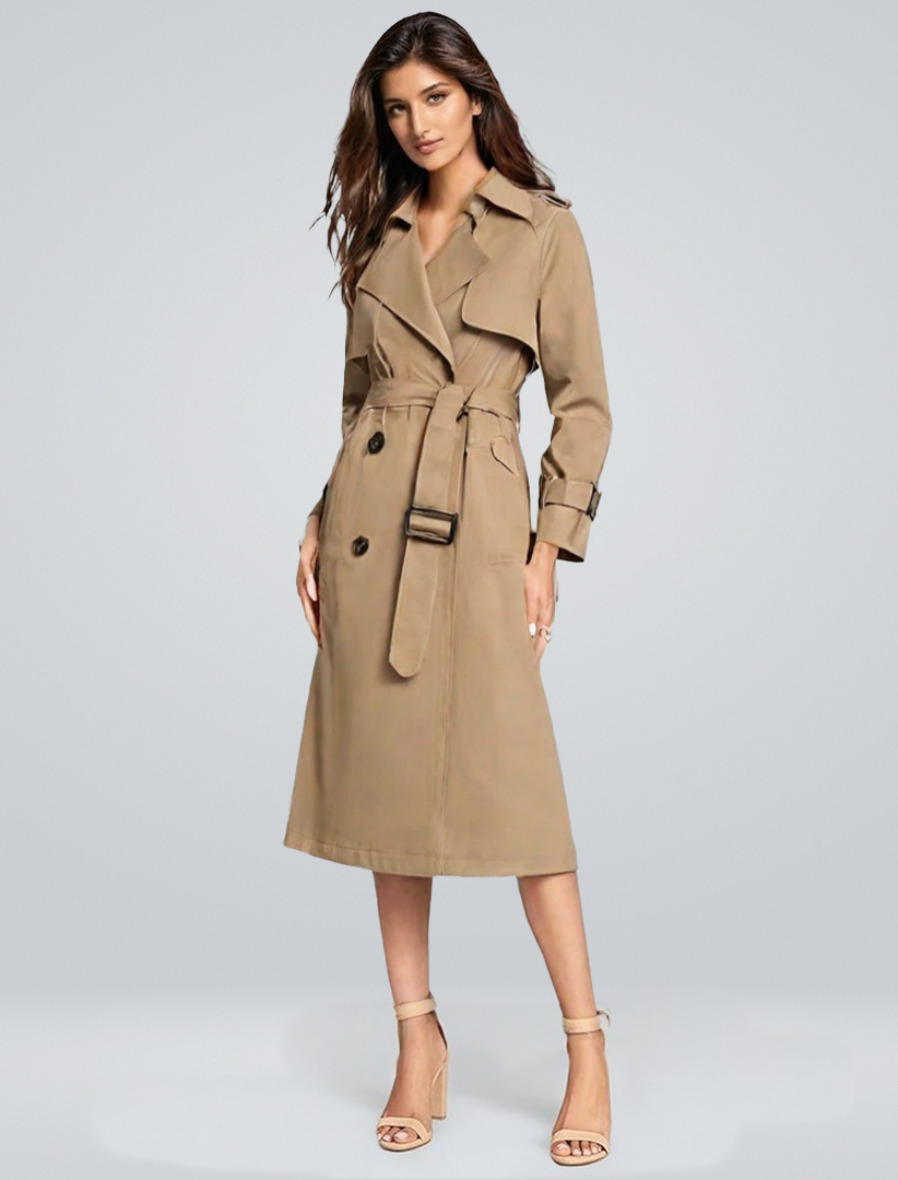 Celindra premium trench coat in beige, full-length front view on model