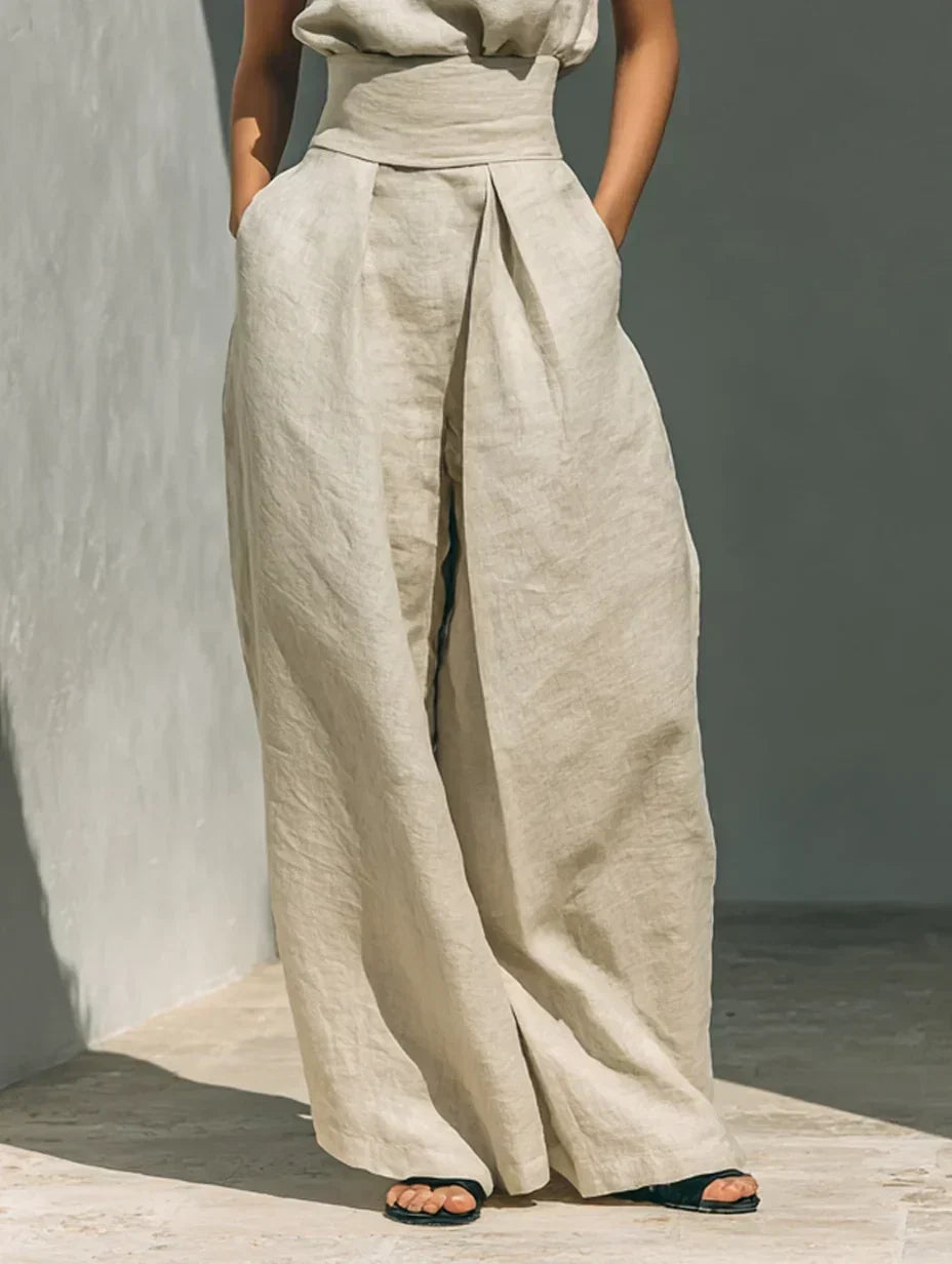 Joana set in khaki, close view of wide-leg palazzo trousers