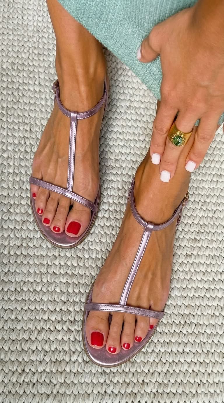 Elara flat T-bar sandals in lavender, worn top view