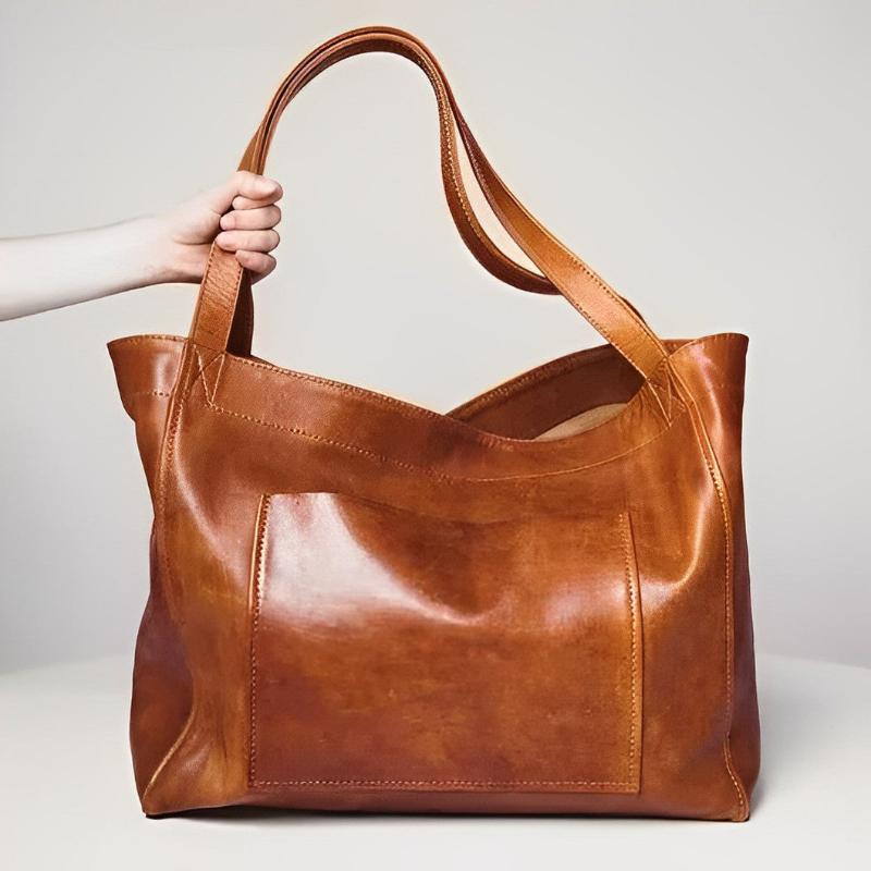 Oriane retro leather tote bag in brown, front view