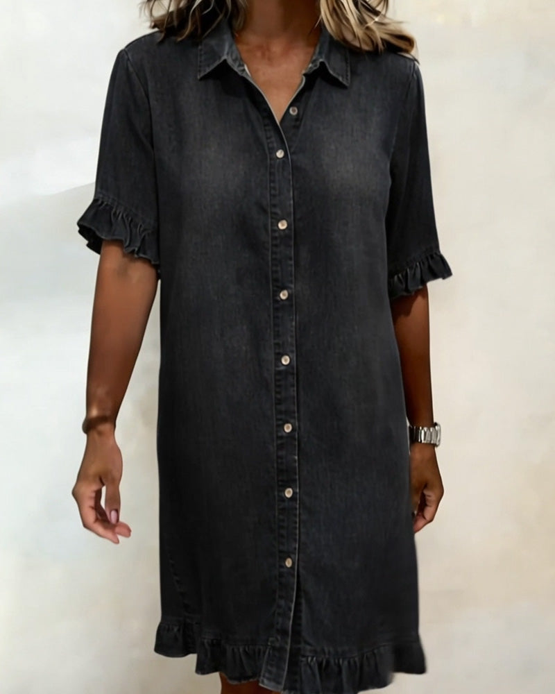 Maria denim shirt dress in black, front view with ruffled sleeves