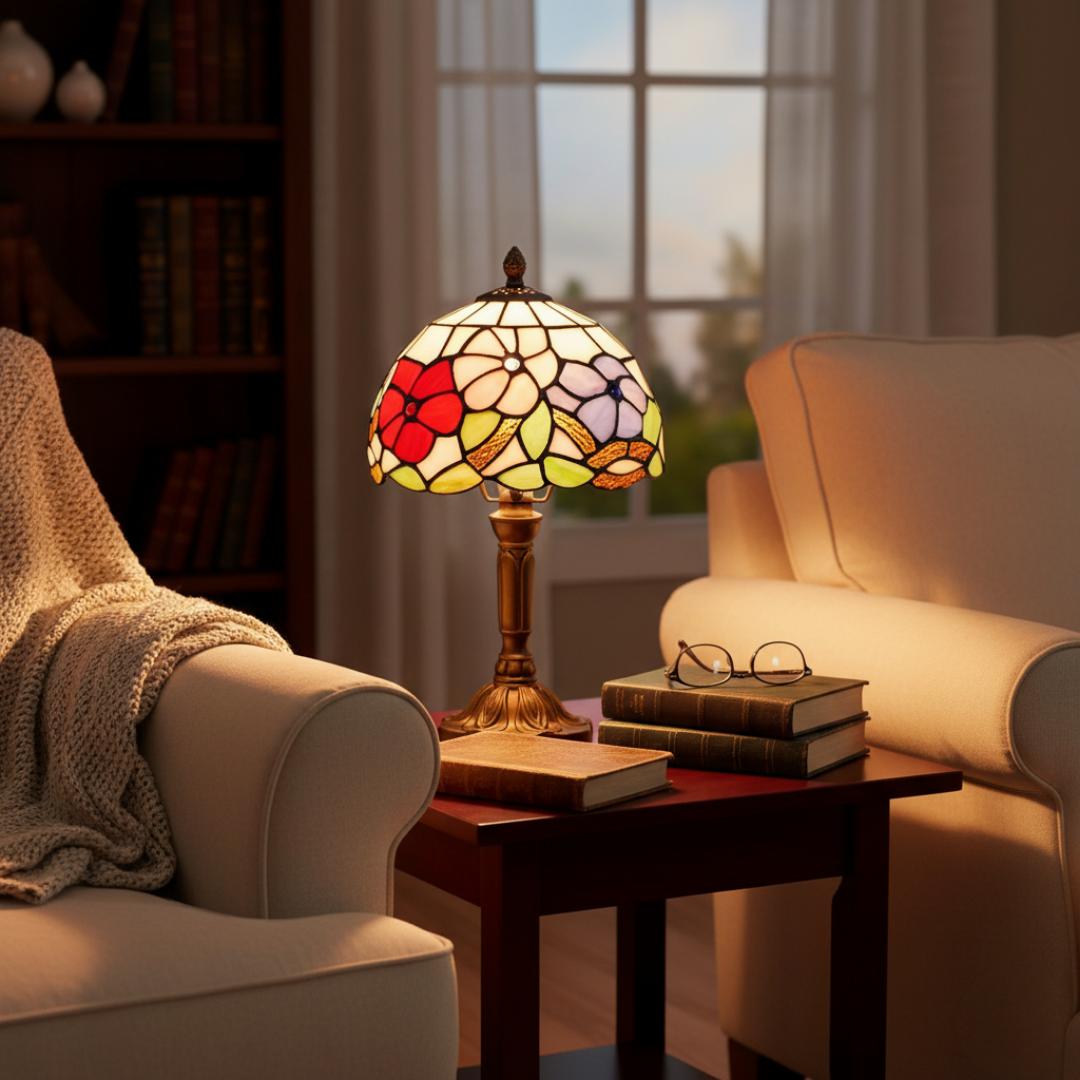 Pink Meadow lamp glowing on a side table beside armchairs and books
