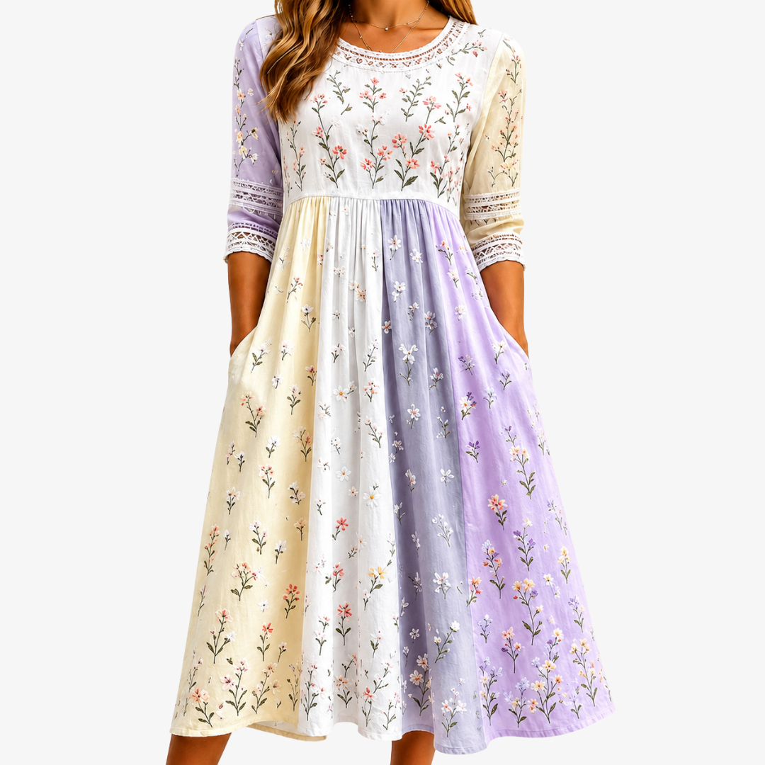 Lavender Meadow patchwork midi dress in pastel lavender, ivory and yellow floral, front view