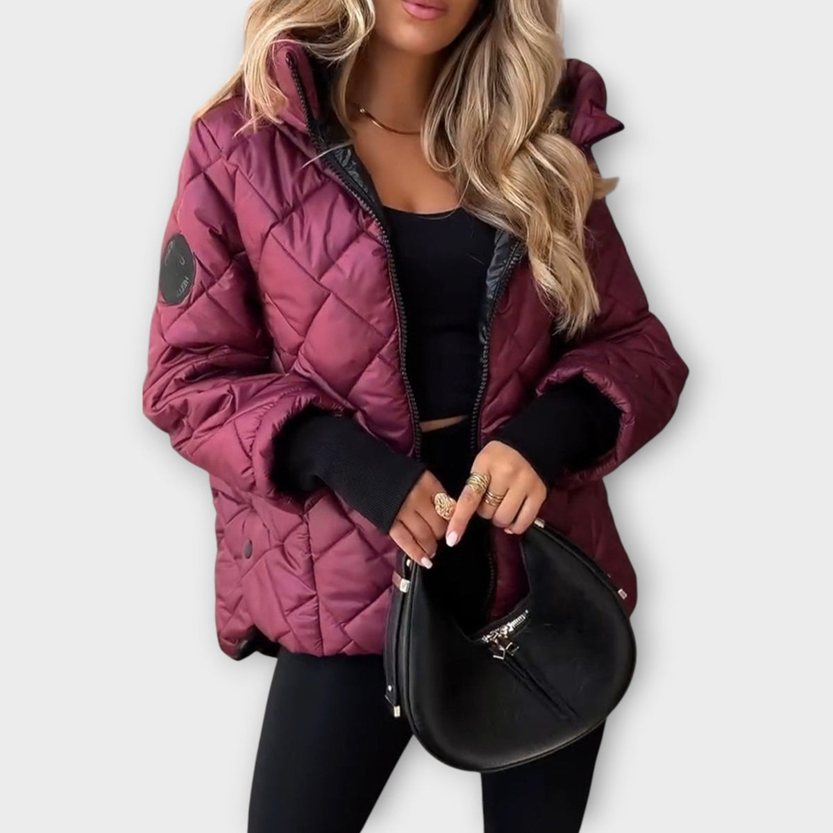 Winola hooded quilted jacket in wine red, front view worn open