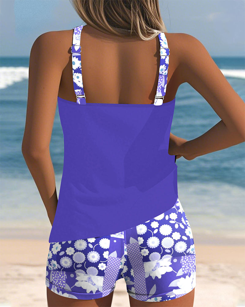Sarah swimsuit set in purple, back view with adjustable straps