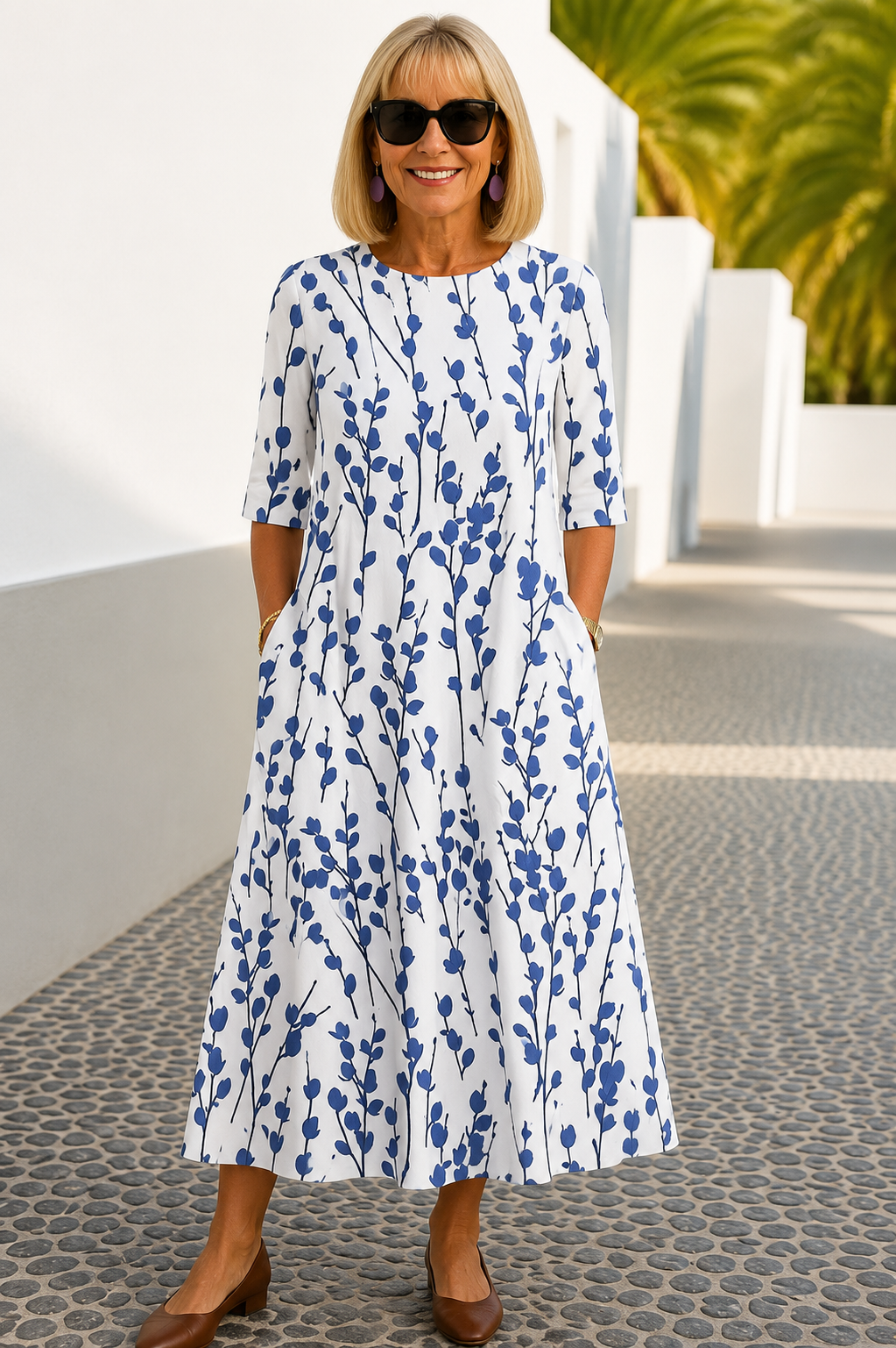 Annie coastal bloom dress in white with blue floral print, full-length front view