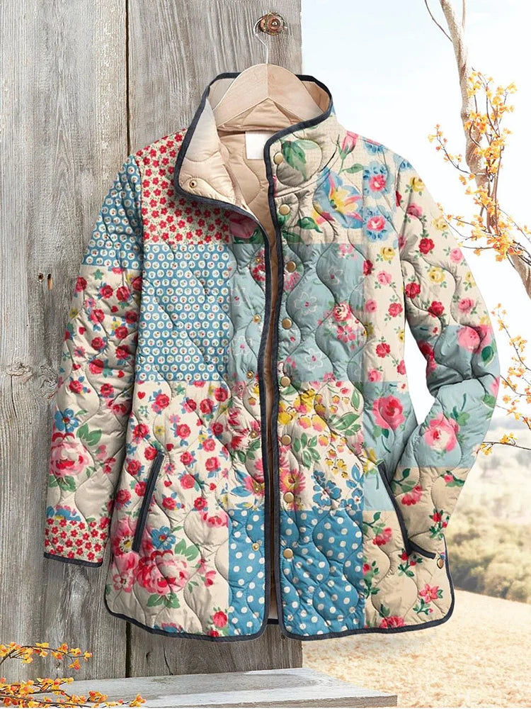 Millicent padded jacket in multicolour floral patchwork print, front view