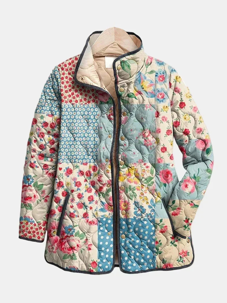 Zarae floral quilted jacket in multicolour patchwork print, front view