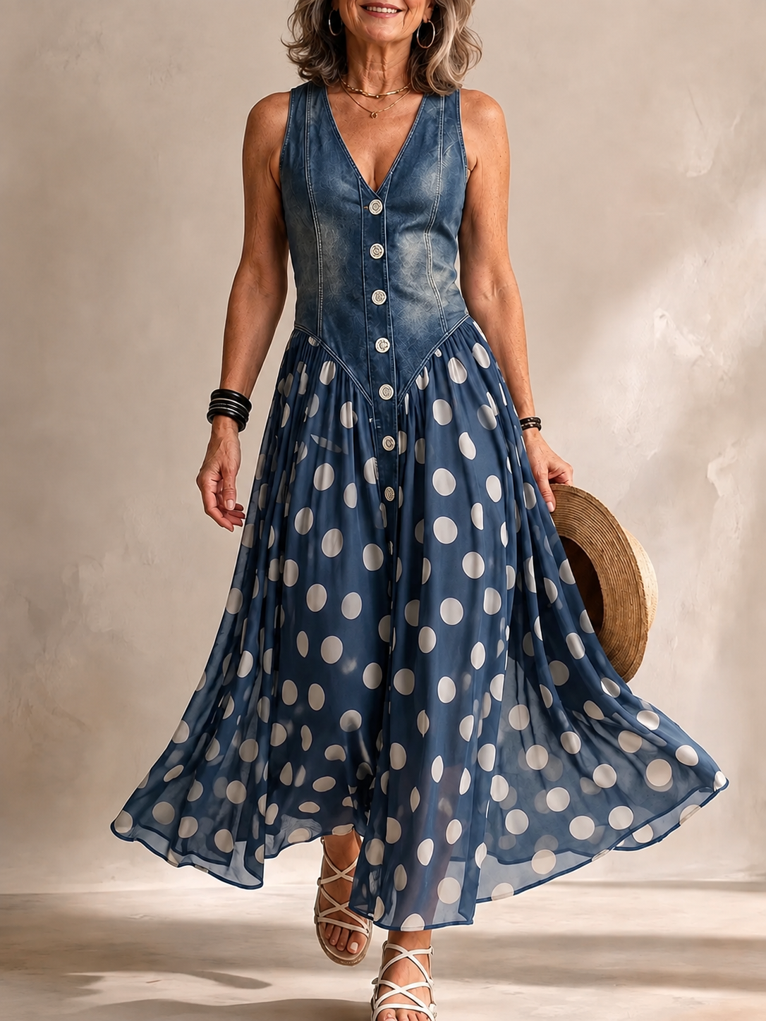 Adeline long polka dot denim dress in blue, front view with buttoned bodice