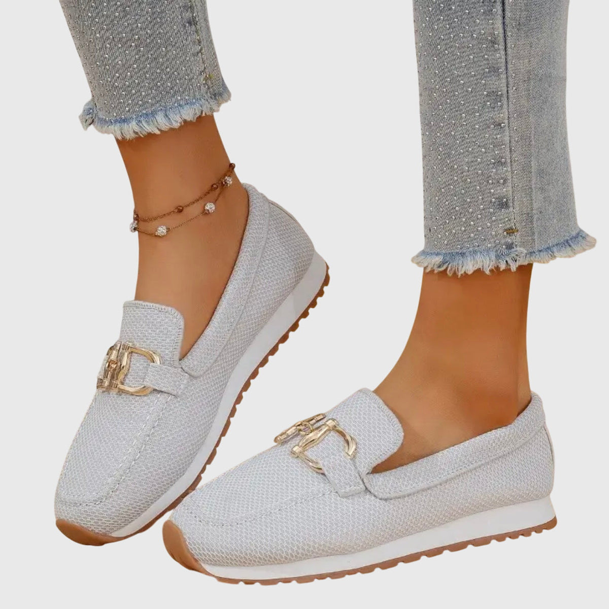 Winifred loafers in white and grey, side view showing white midsole
