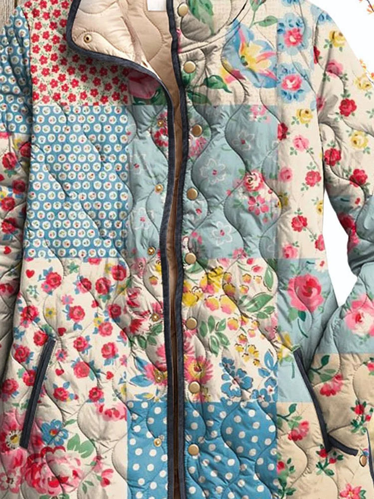 Millicent jacket close-up showing press-stud front, piped pockets and navy binding