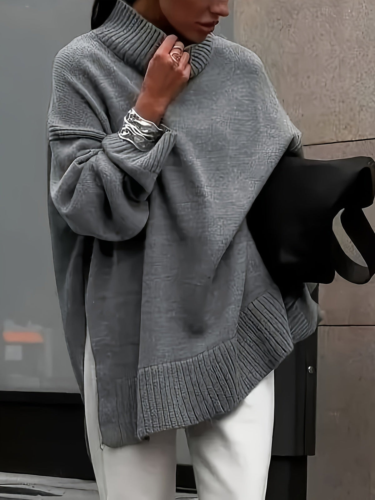 Claar oversized turtleneck sweater in grey, front view