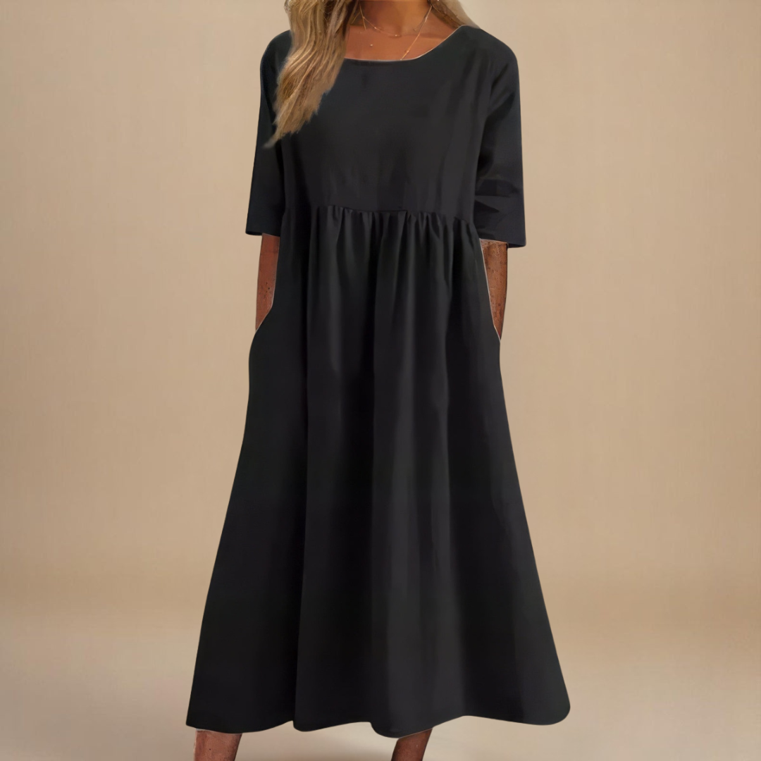Sofia flattering midi dress in black, full front view