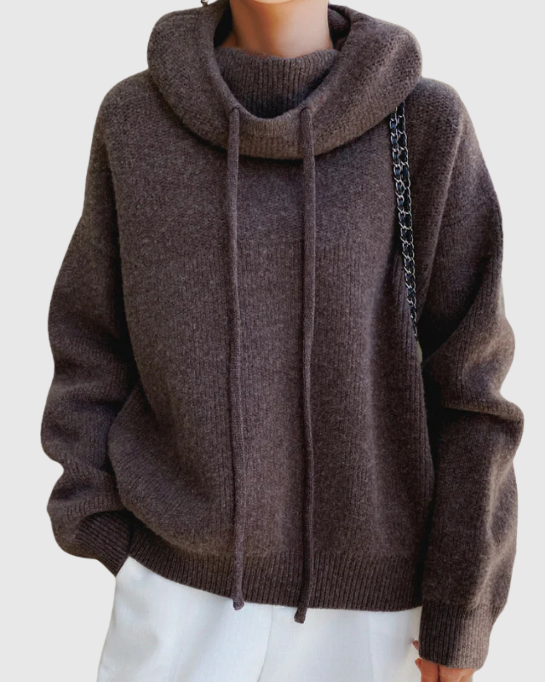 Calyssia soft touch hoodie in brown, front view with wide cowl hood