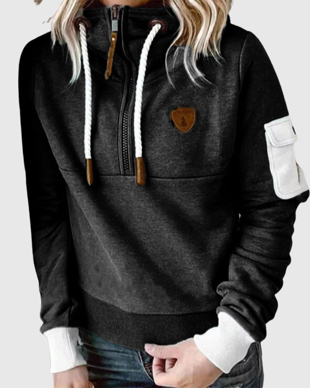 Lois knit pullover in black, front view with rope drawstrings