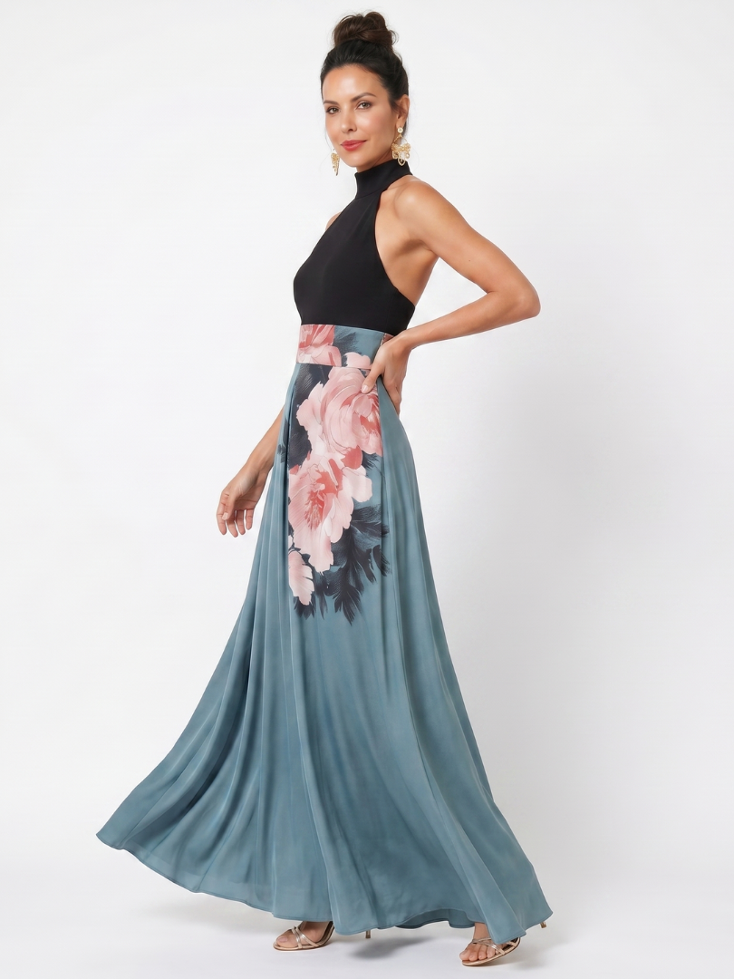 Olympas floral maxi dress in teal, side view showing flowing skirt