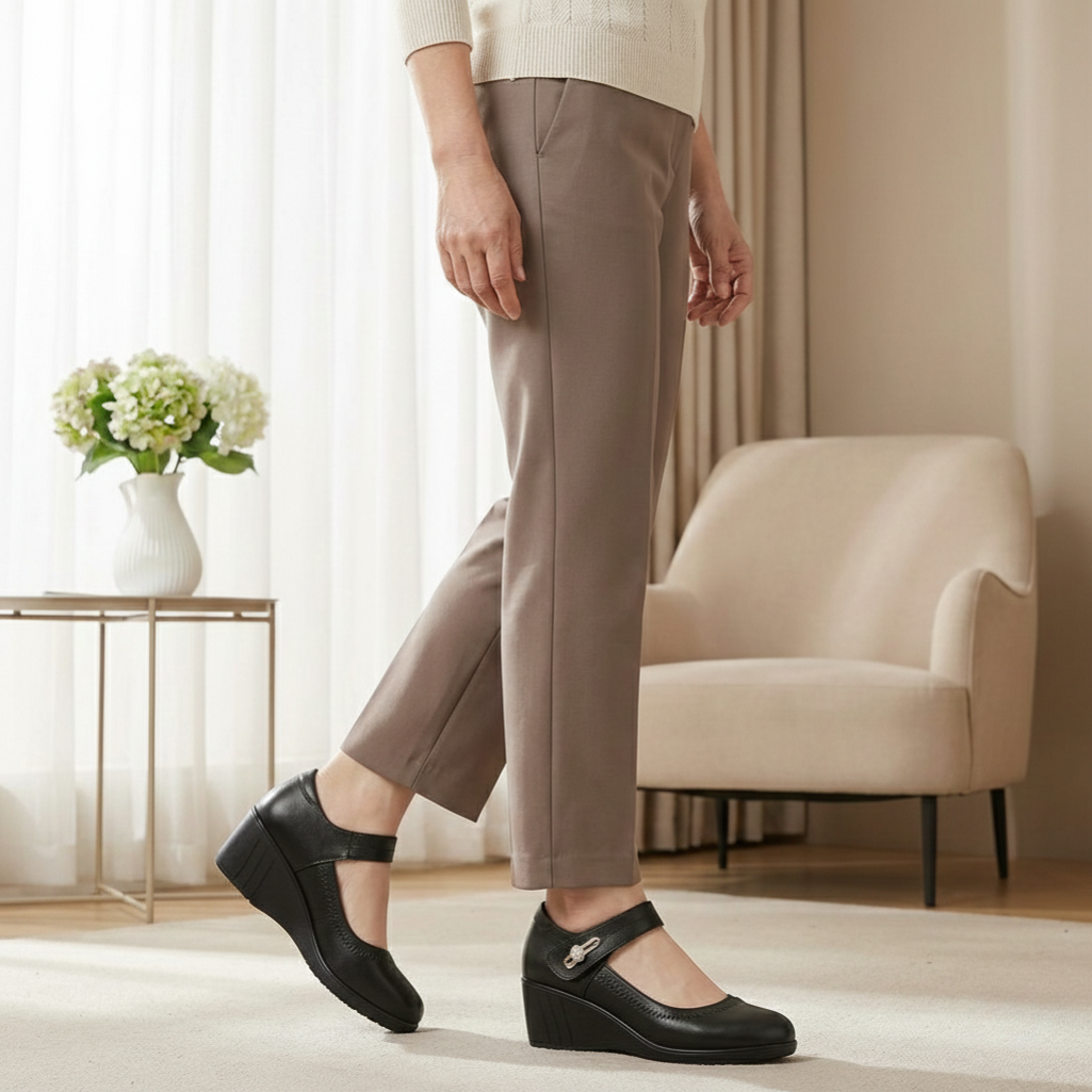 Lydia mid-heel comfort shoes in black, side view on model