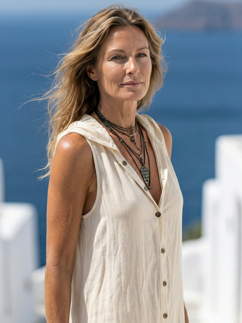 Marune maxi dress in beige, close-up of buttoned neckline and hood